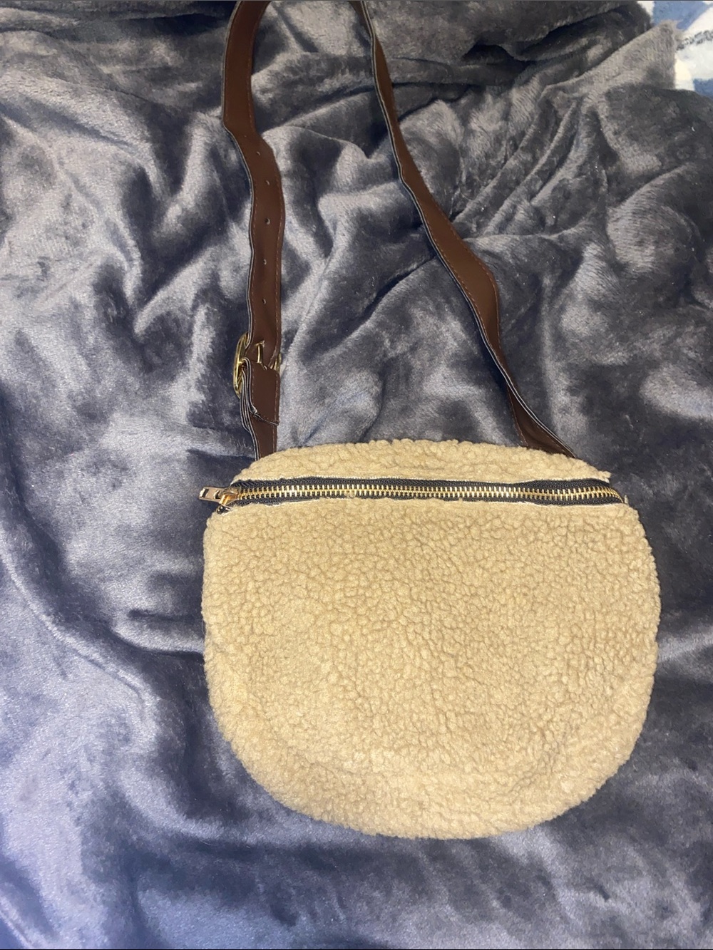 NATURAL LIFE Cream Sherpa Crossbody with Brown Strap